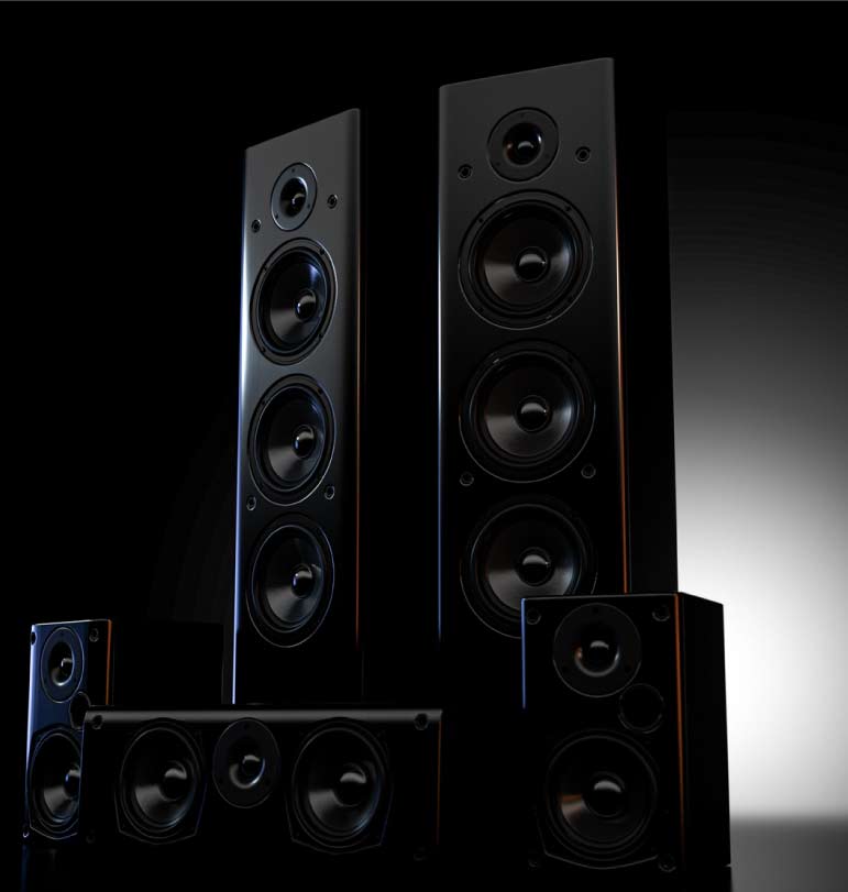 igh-fidelity commercial audio speaker system featuring multiple tower and bookshelf speakers for immersive business sound.