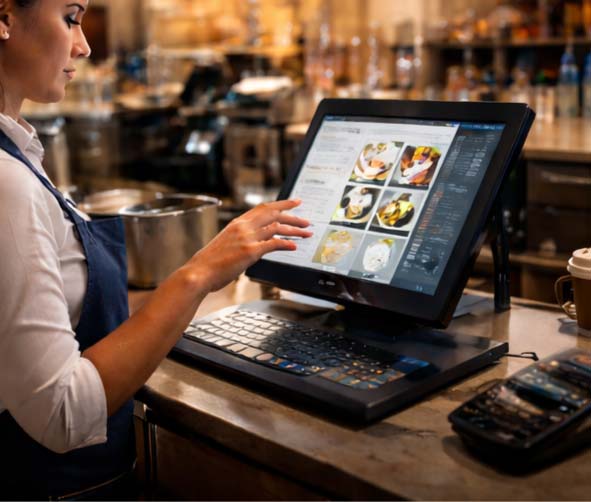 woman working with a point of sale in a restaurant